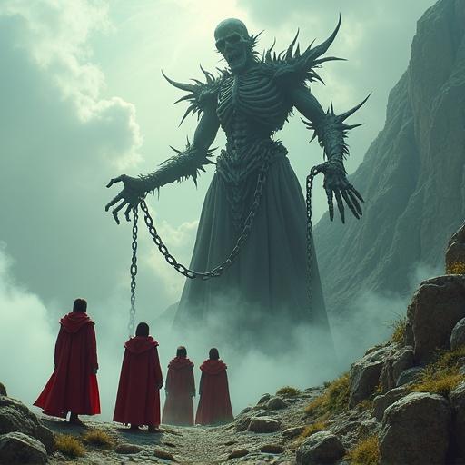 A gigantic humanoid skeletal monument bound in chains to a mountain. Red-robed worshippers stand in awe before it. The scene captures a fantasy world atmosphere.