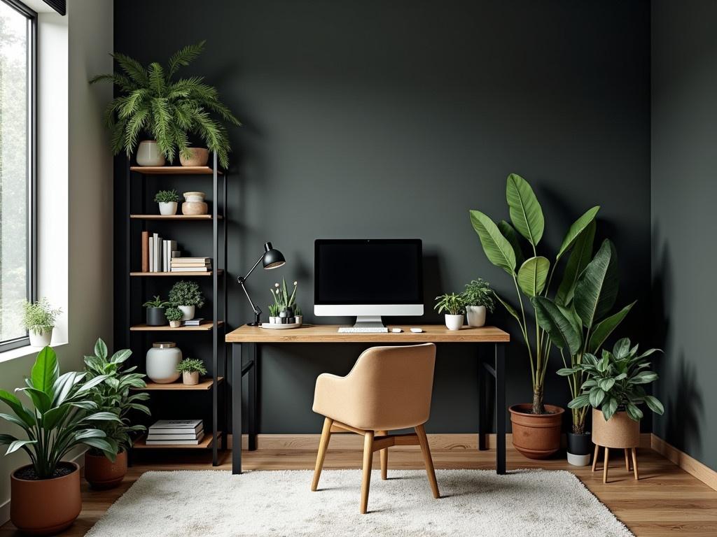 The image shows a modern home office space with a sleek and stylish design. The walls are painted in a dark shade, which gives a cozy yet sophisticated vibe. There is a wooden desk with a computer monitor and a book on it, suggesting a productive work area. A comfortable chair is placed at the desk, and there are several plants scattered throughout the room, adding a touch of nature. On one side, there's a tall black shelving unit displaying decorative items and plants, while a soft rug lies on the wooden floor, enhancing the warmth of the space.