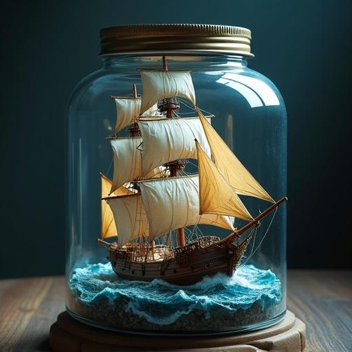 Ship inside a glass jar. Realistic model ship at sea. Surrounded by water texture. Beautiful lighting. Captivating display.