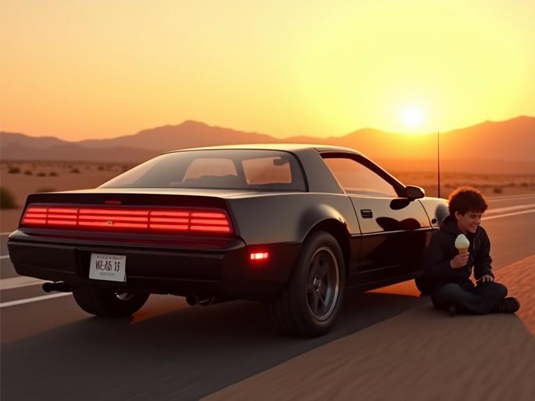 Cinematic photorealistic scene of iconic black Knight Rider car KITT parked on desert highway during sunset. Signature red scanner light pulses across sleek body. Edward Elric leans against car eating ice cream with automail arm. Alphonse Elric sits nearby enjoying ice cream looking cheerful. Warm golden sky with volumetric fog and desert sand blowing. Ultra-detailed textures and dramatic lighting.