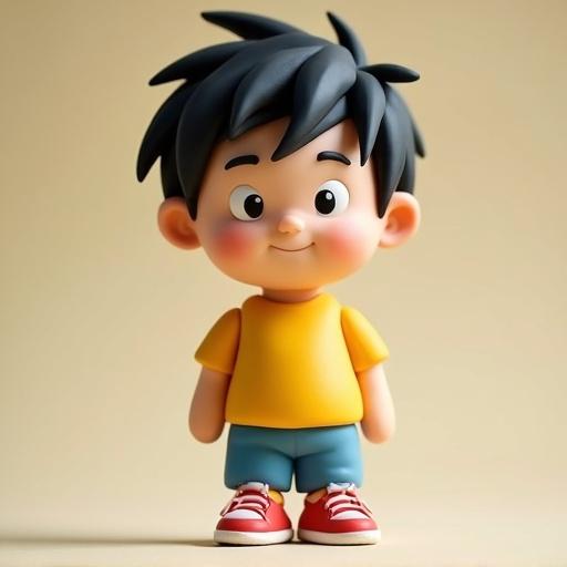 A young Japanese boy named Takumi in claymation style. Round clay face features large expressive eyes and a small dot nose. Friendly smile displayed. Hair is short and messy, crafted from soft black clay. Wears a yellow t-shirt, blue shorts, and red sneakers. Posture is slouched, timid yet lovable. Handcrafted texture evident. Warm, colorful ambiance reminiscent of children's clay animation.
