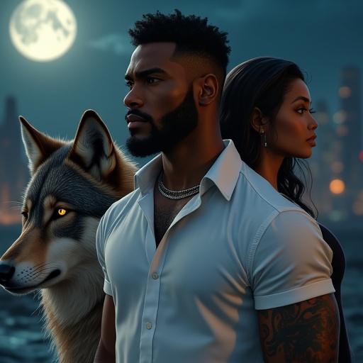 Cinematic portrait of a powerful handsome biracial man with muscular build and tattoos. He wears a fitted white shirt standing confidently. A mysterious biracial woman with long wavy hair stands behind him gazing to the side. A calico colored wolf with glowing eyes looks forward in the background. The city night skyline shows a large moon. Mood is intense and dramatic with modern fantasy aesthetics.