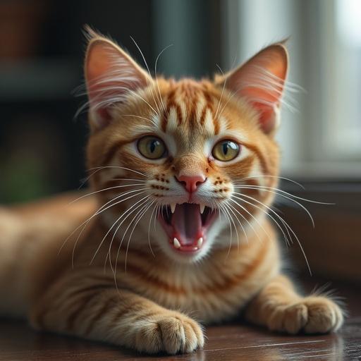 Close-up of a smiling orange tabby cat with visible teeth outdoors with blurred background of leaves