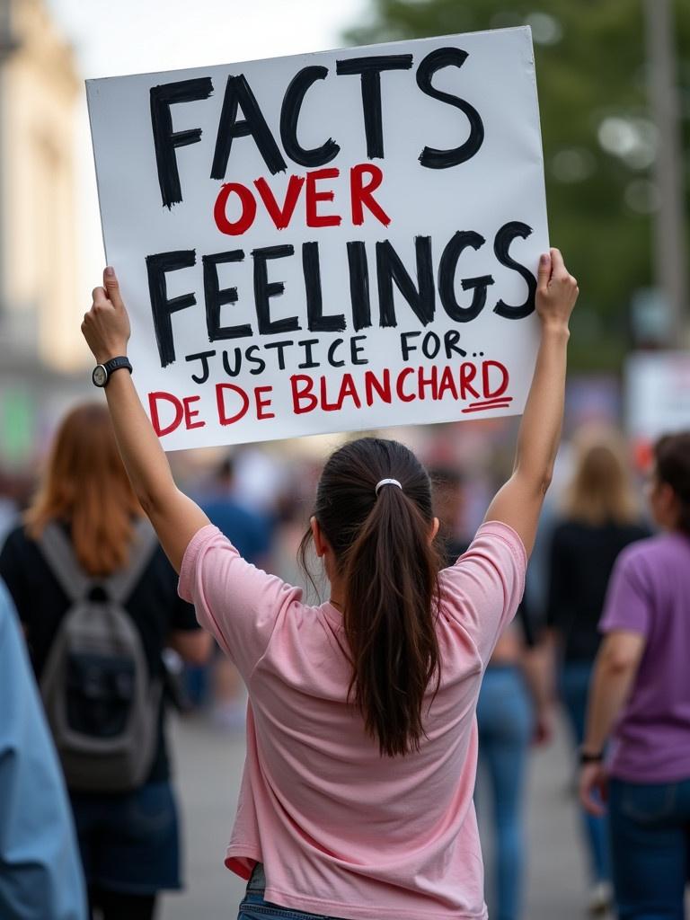 A woman is holding a protest sign that states FACTS OVER FEELINGS. The sign calls for justice for Dee Dee Blanchard. Other individuals are seen walking in the background.