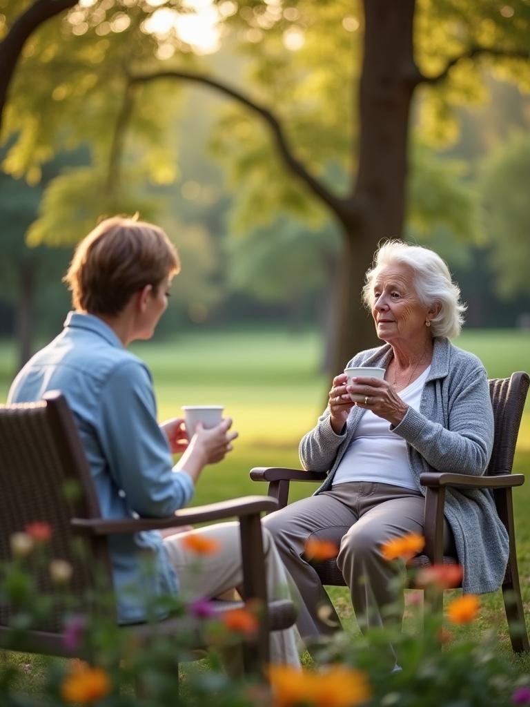 Caregiver enjoys coffee in a serene park. Individual sitting in an armchair. Surrounded by flowers and trees. Warm sunlight enhances the calm atmosphere.