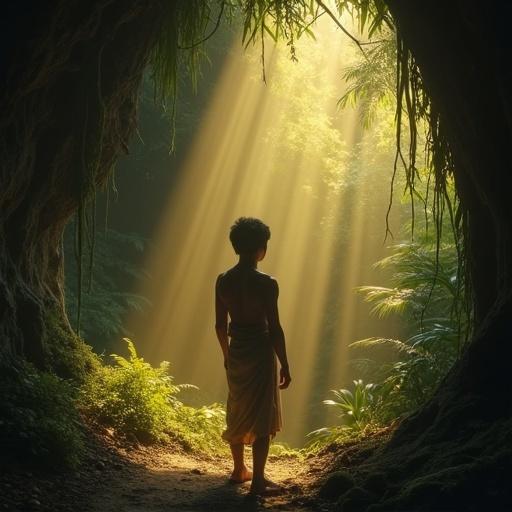 A young Indian prince with glowing eyes stands at a cave entrance. The environment is magical with soft mist and light rays cutting through the jungle. His posture is curious yet hesitant. Symbols glow on the cave wall. Painterly cinematic realism, ethereal mood.