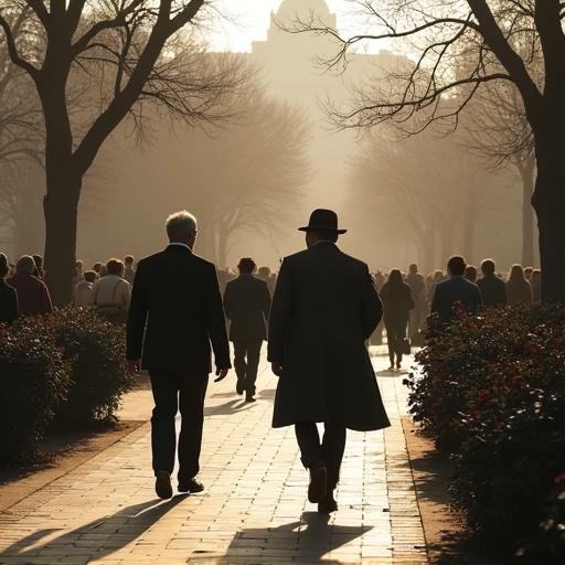 Business men walking in a park during sunset. Soft lighting casts shadows on the path. Trees lining the walkway. A crowd of people in business attire creating a busy atmosphere.