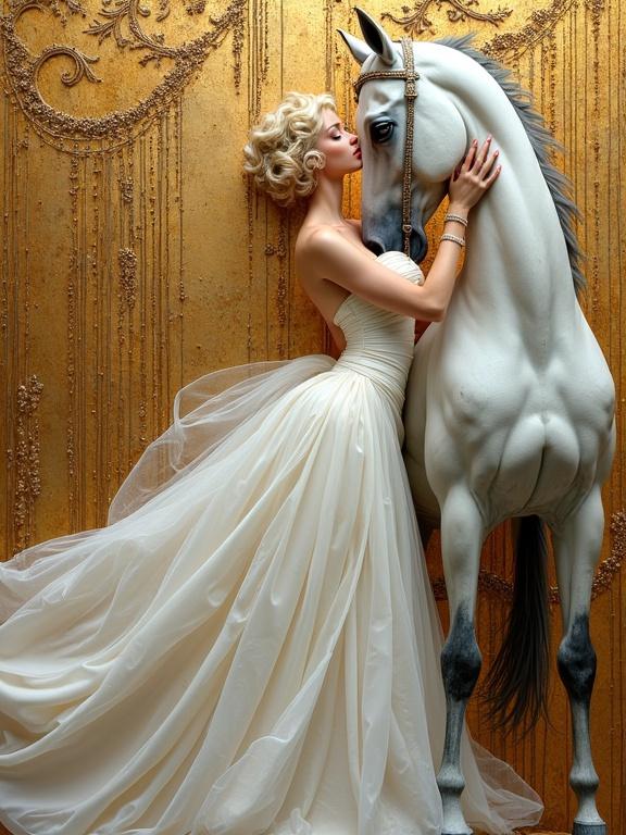 A woman in a flowing white gown embraces a white horse. The background features intricate golden patterns. Artistic style combines elements of Klimt with whimsical details. The atmosphere conveys elegance and passion.