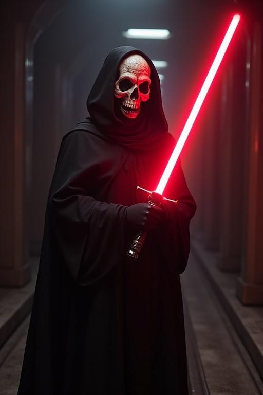 Sith lord stands in a dark corridor. Character wears black robe and deformed space helmet resembling screaming face. Holds a red lightsaber. Atmosphere is ominous and dramatic.