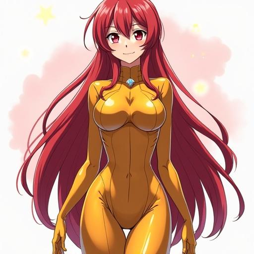 Character from anime My Hero Academia in a form-fitting hero suit. Red long hair and a cute expression. The character has an hourglass figure. Focus on the waist and bold colors.