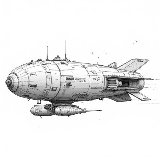 Black and white line art illustration of medium-sized sci-fi cargo transport spacecraft. Three-quarter view displays cylindrical hull. Open side cargo bay shows internal mechanisms. Large cylindrical engine pods are underslung. Detailed with surface paneling, antennae, and maneuvering thrusters. Floating in space background with distant stars. Clean technical line art with detailed shadows.