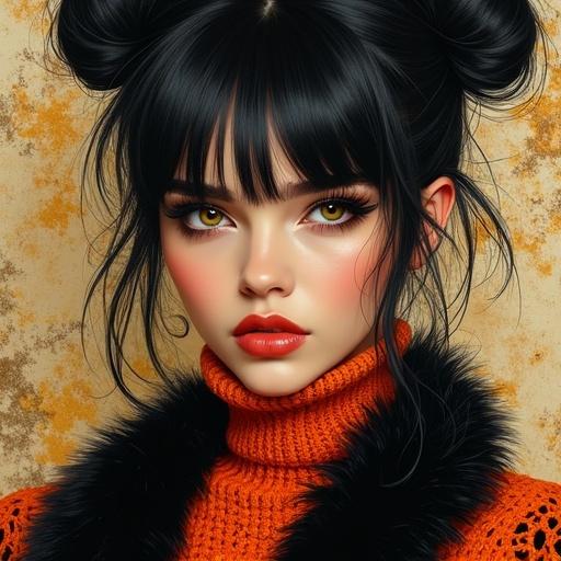 Fauvism oil painting inspired by Alphonse Mucha and Klimt. Image features a stunning woman with a black messy hairstyle in spacebuns. Attire includes a short orange crochet sweater and black crop jeans. Background is marbled and textured, complementing black color palette. Close-up view shows flawless makeup and long eyelashes.