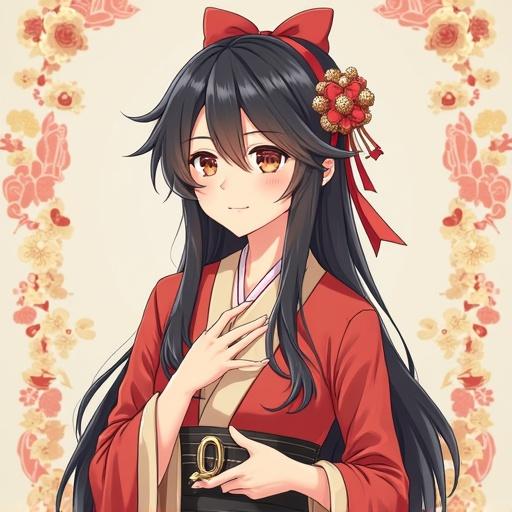 A female samurai character with long black hair wearing a traditional Japanese kimono. The character has a red bow and floral decorations. The background features floral patterns.