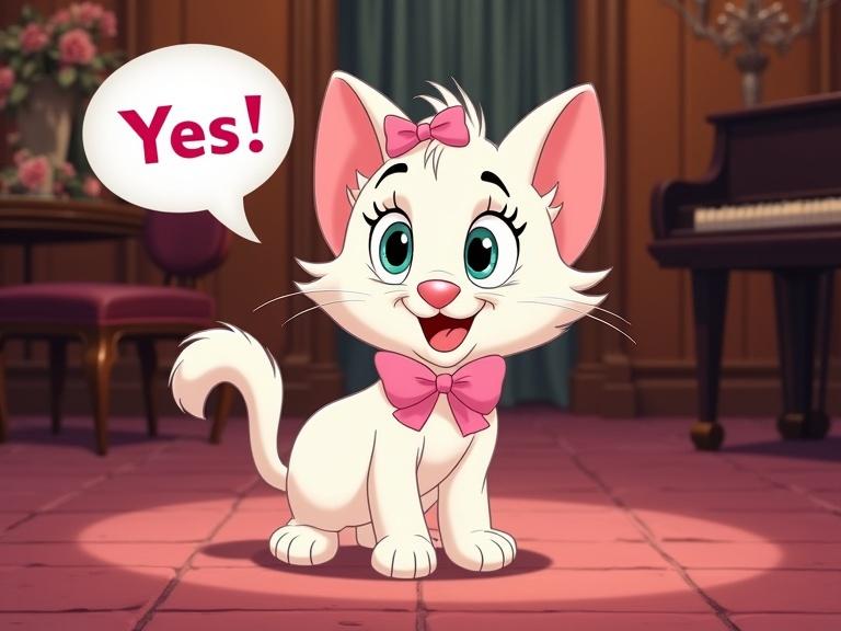 An adorable white kitten named Marie from The Aristocats with pink bows standing in a luxurious room with a piano. A speech bubble says 'Yes'.