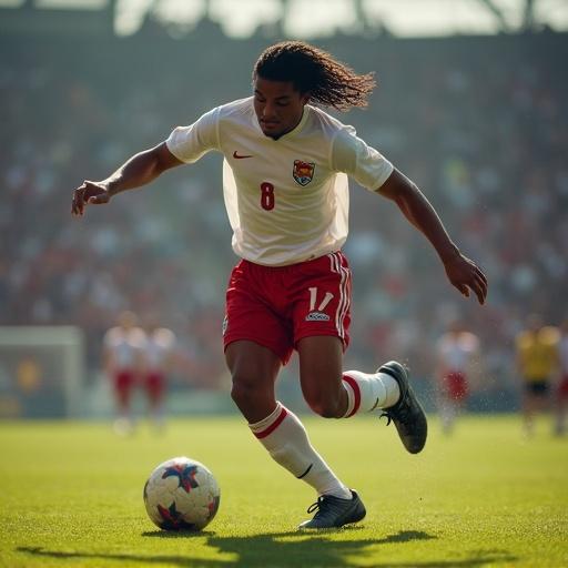 A soccer player in white and red uniform is playing soccer in a stadium. He is in motion, kicking a soccer ball with focus. Spectator stands are visible in the background.