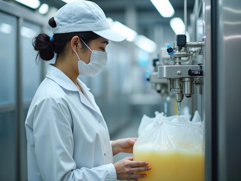 In a food factory, a Japanese female worker in white clothes, cap, and mask operates a liquid filling machine for a 20 liter Bag-in-Box container. Realistic image with high resolution.