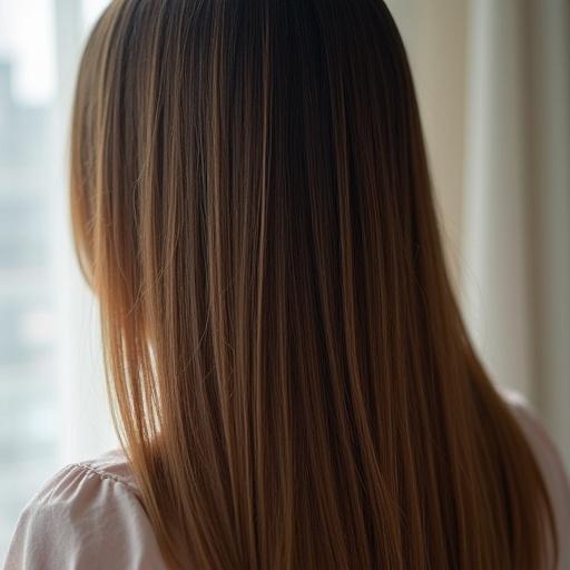 Back view of a head with beautiful, shiny, straight Japanese hair, soft light in the background