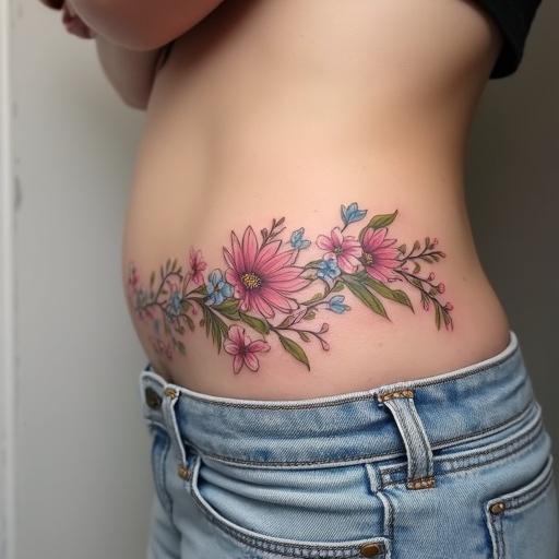 A tattoo features a curved line of small flowers. The design stretches from the hips toward the pubis. The flowers are in pink, white, and blue. Green foliage complements the flowers. One line ends with a snake head.