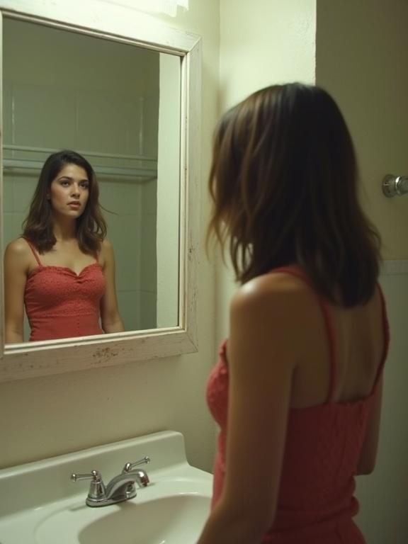 A woman in a red dress stands in a bathroom and looks into the mirror. She looks surprised as she notices something behind her that is not there.