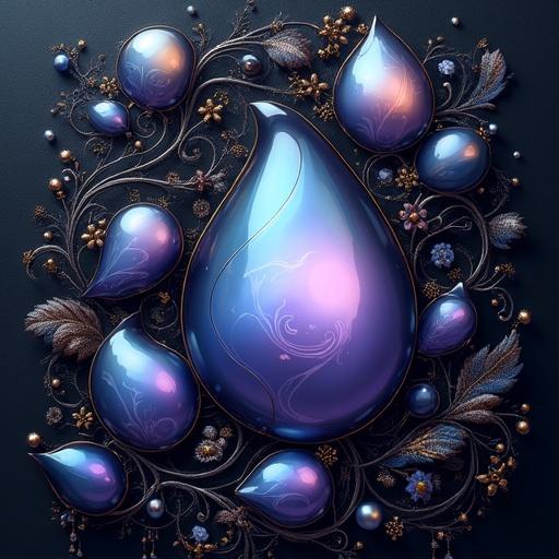 Highly detailed illustration of abstract digital artwork with ornate lines. Central focus on swirling composition of bulbous forms in jewel tones. Deep blues and purples highlighted with metallic gold. Largest element is a teardrop shape with smooth light blue surface transitioning to translucent purple. Several smaller bulbs attached to central shape. Dark metallic tendrils intertwine with smooth forms. Background is deep textured black providing contrast.