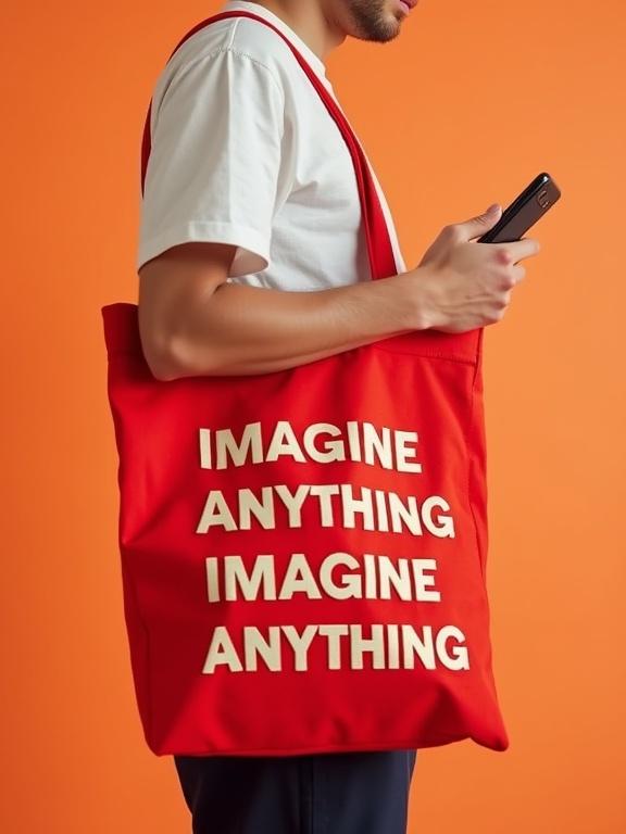 Cropped photograph of an adult standing against a warm peachy-orange background. Person wears a white t-shirt and dark pants. Face not visible. Holding a black smartphone with thumb on the screen. A vibrant red tote bag on shoulder features text 'IMAGINE ANYTHING' in cream-colored letters. The text pattern is distinctive and truncated at the bottom. Shot in medium close-up with even lighting.