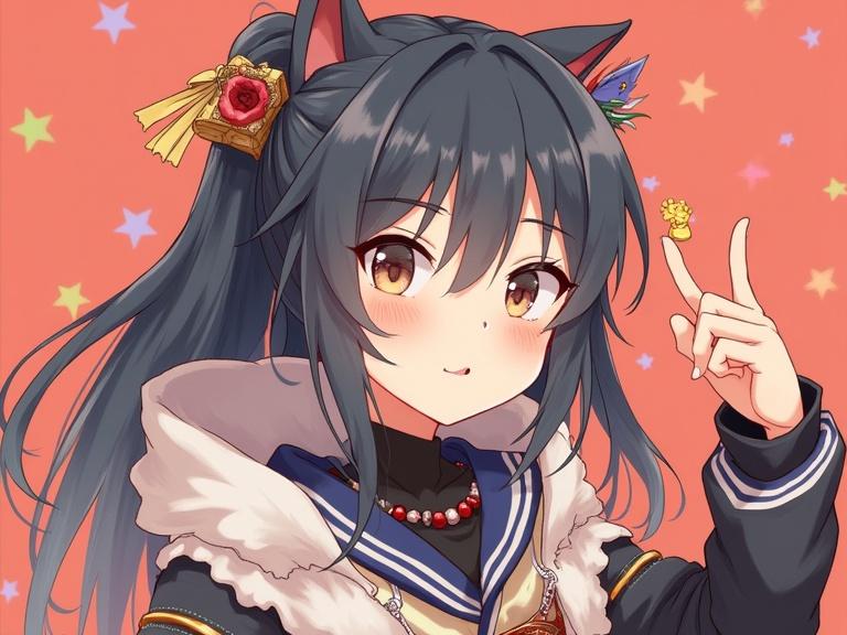 Anime illustration of a girl with cat ears. Brown hair styled with accessories. She is smiling and holding a small figure on her finger. Background is bright with stars.