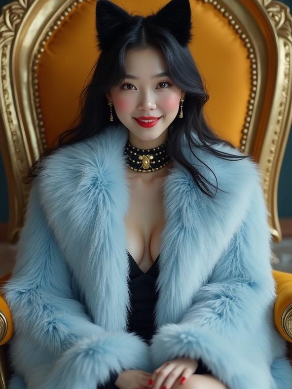 A woman with silky black hair wears a light blue fur coat and black high heels. She sits confidently on a golden throne. A block dog collar and cat ears add to her playful look. Red blush on her cheeks enhances her smooth skin. The background is blurred.