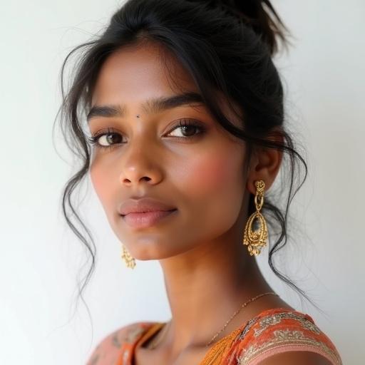 Photo realistic close-up portrait of a South Indian girl aged around 18 with light makeup. She wears small golden earrings. The background is white. The focus is on her face up to the bustline.