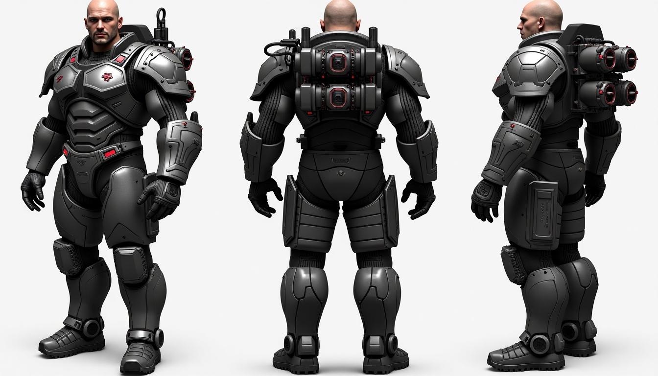 Futuristic soldier with heavy military cybernetic armor. Armor features reinforced metal plates, dark colors, and red accents. Includes advanced mechanical components and a cybernetic eye. Has a support backpack with tubes. Character is muscular and designed for heavy combat.