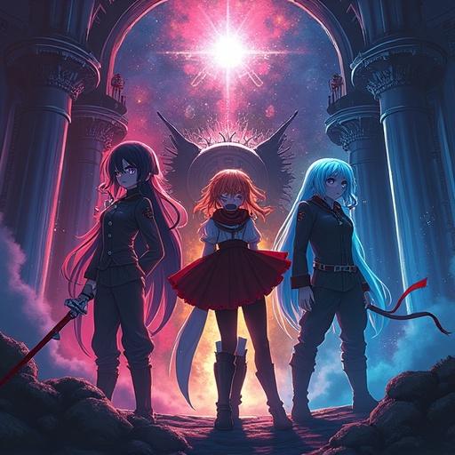 Create a movie poster featuring crossover characters from several franchises. Three protagonists in dynamic poses. Background of a grand archway with a star. Dark and vibrant color scheme for dramatic effect.