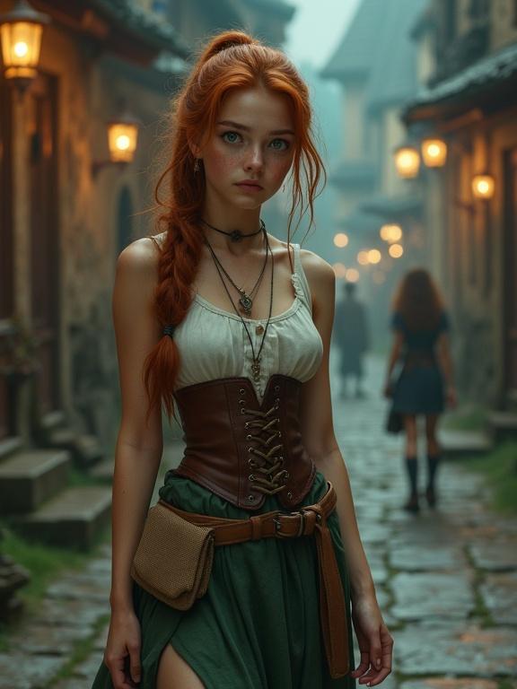 Photorealistic 8k image of a pretty teenage girl in a medieval city at night. She has a sad expression and long auburn ponytail. Wears a sleeveless white top with a brown corset and a dull green split skirt. Traveling boots and knee socks. Cloth satchel at her waist. Walking through a lonely street with a mystical ambiance.