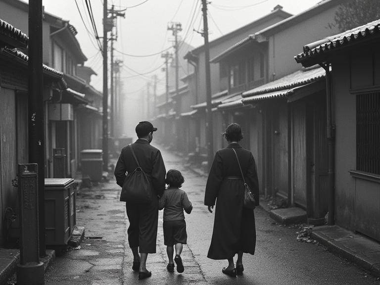 Image of a Japanese family walking in Nagasaki streets after a bomb explosion. Foggy and historical atmosphere describes the scene.