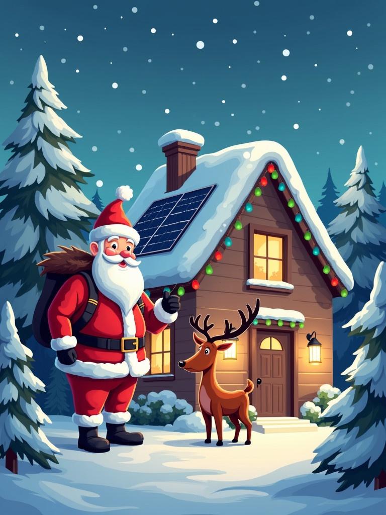 Scene features Santa Claus and Rudolph near a decorated house with solar panels. Snowy trees surround the cozy home. Cartoon style illustration is used.