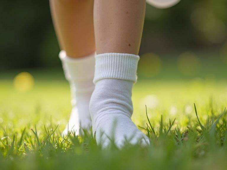 Girl wears white socks. Girl walks on green grass. Grass is lush and vibrant. Image captures a carefree moment in nature.
