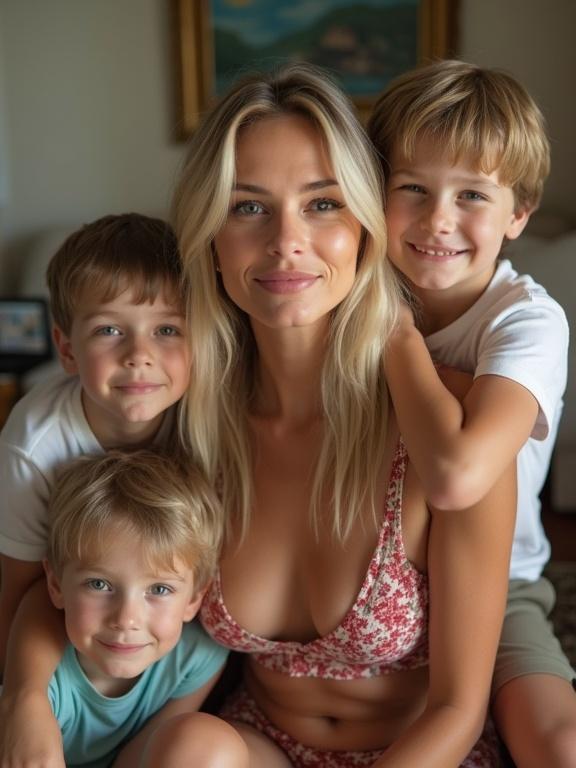 A mother is sitting in a living room with her three boys. The boys are embracing her from the back and side. The mother has beautiful blonde hair and is wearing a floral top. The room is softly lit and colorful. The photo has a low resolution and a warm, inviting atmosphere.