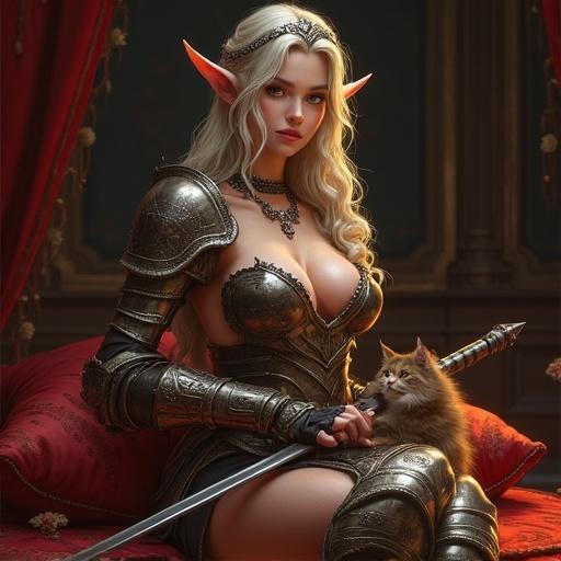 Detailed portrayal of a female elf warrior holding a sword. She has a tiara and wears chest armor with a short skirt. The setting includes a red cushion and a small cat. The lighting is dark with a warm color temperature.