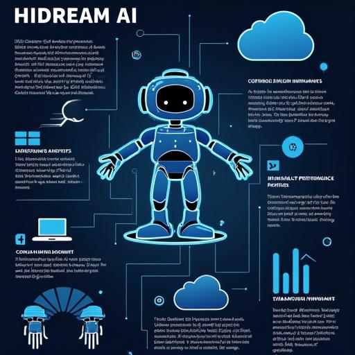 Infographic displays Hidream AI with structured sections. The main focus is a robot character. Includes readable descriptions of AI functionalities and applications, with graphical elements like clouds and charts.