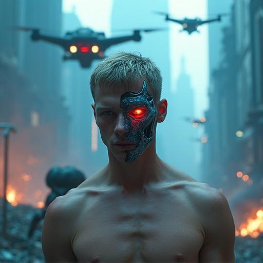 A hyper-realistic cinematic scene features a male cyborg with a partially exposed mechanical face. The cyborg stands shirtless in a futuristic, apocalyptic war zone. The environment includes ruined skyscrapers, blue flames, smoke, giant robots, and futuristic drones. The color palette has cold blue tones with fiery highlights. The atmosphere is intense and dramatic, resembling a sci-fi film poster. The close-up shot shows the cyborg looking into the camera, with one red glowing eye and short hair.