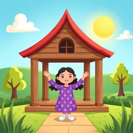 A colorful cartoon-style children's book cover illustration. A faceless young girl around 7–10 years old wearing a purple dress with white flowers, standing joyfully in front of a wooden house with five pillars and a red triangular roof. The girl raises both arms in celebration. A sunny outdoor scene with green grass, cartoon trees, hills, and a bright blue sky with clouds. Include soft Islamic design elements for a child-friendly style and leave space at the top for a title. The aesthetic is playful, vibrant, and spiritually uplifting.