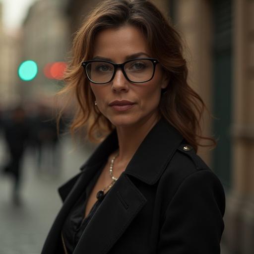 European woman with glasses and brown hair in a black coat standing confidently in an urban environment