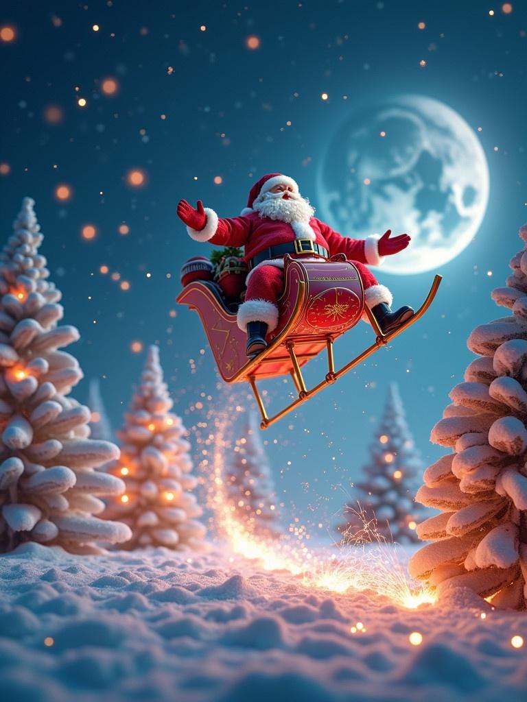 Magical holiday scene features Santa flying over the United Arab Emirates. Sleigh trails sparkles transforming into BIM models in a winter wonderland with festive trees and a large moon.