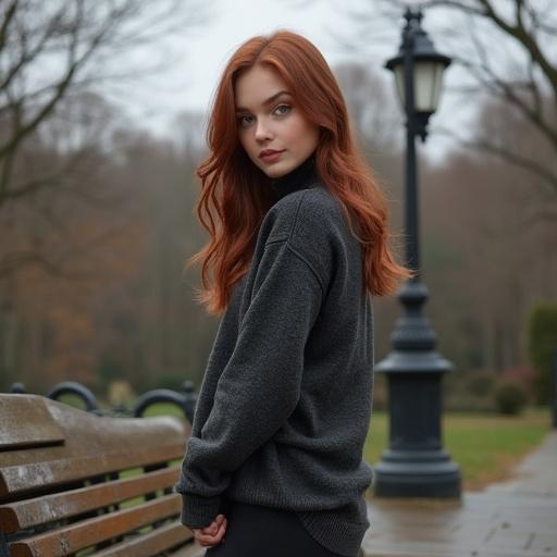 Realistic amateur photo of a beautiful girl with dark auburn hair and blue-grey eyes. She stands in front of a stone park bench next to a gas lamp. A cloudy afternoon sets a soft lighting mood. The girl wears a turtleneck sweater, leggings, and boots.