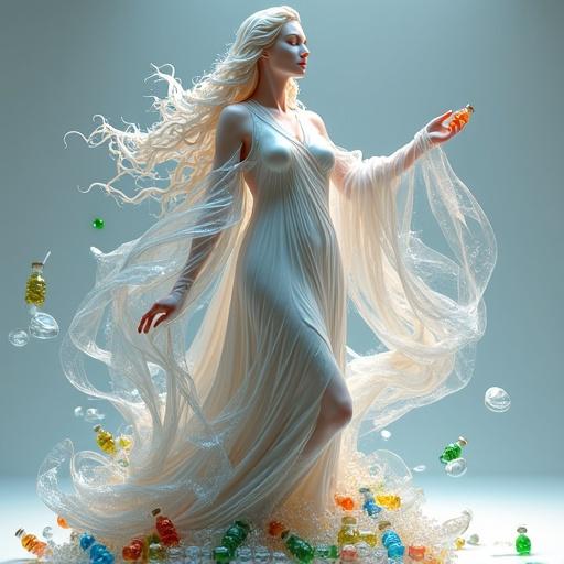 A goddess made from clear and colored PET bottle materials. Her form features glossy plastic panels and visible seams typical of PET bottles. Textured with scratches and crinkles. Layered robes from overlapping bottle fragments. Bottle caps in hair and accessories. Reflective skin resembling polished plastic. Hair from twisted bottle pieces. Stands on a pedestal of crushed bottles. Surrounded by floating bottle caps. Ultra-realistic rendering and cinematic lighting emphasize her divine quality.