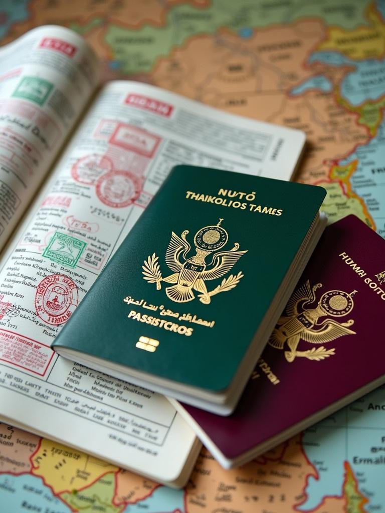 Green colored Pakistani passport displayed on a world map. Open pages revealing multiple visas and entry stamps. Suggestions of frequent travels and significance of travel documentation are evident. National emblem embossed on burgundy cover showcases it as an essential tool for international travel. Background map with geographical details enhances global adventure theme.