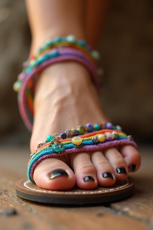Foot appears prominently in the foreground. Focus on intricate details. Feet have black toenails. Sandals are rainbow colored with decorative elements.