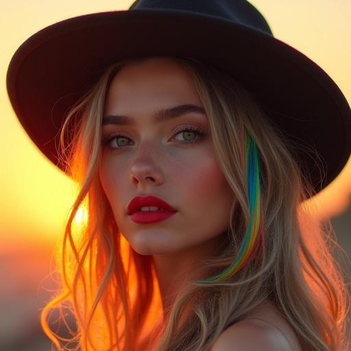 Portrait of a gorgeous lady in a stylish hat. Rainbow colored messy hair cascades down. Soft red lips complement her beauty. Warm sunset serves as a backdrop. Realistic depiction highlights intricate hairstyle and fashion elements.