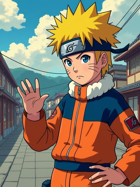Animated illustration of a ninja character styled from 80's animation. The character has spiky blond hair and is wearing an orange jacket. The backdrop features a traditional Japanese street with wooden buildings and clear skies.