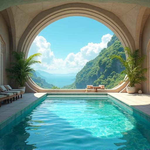 Futuristic and modern luxurious mansion with an oversized onsen. Pool with tropical plants. Bright noon sun with scenic mountains and sky view.