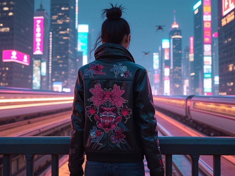 Urban princess stands on elevated bridge wearing leather jacket with floral designs. Neon lights illuminate skyscrapers. Drones fly overhead. Bullet train speeds below on track.