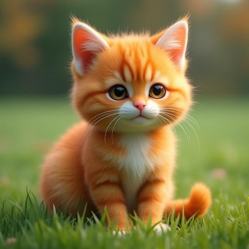 Highly detailed orange fluffy cat sits on the green grass. The cat exhibits high definition fur resembling advanced hair simulation technology. The setting is bright with natural lighting.